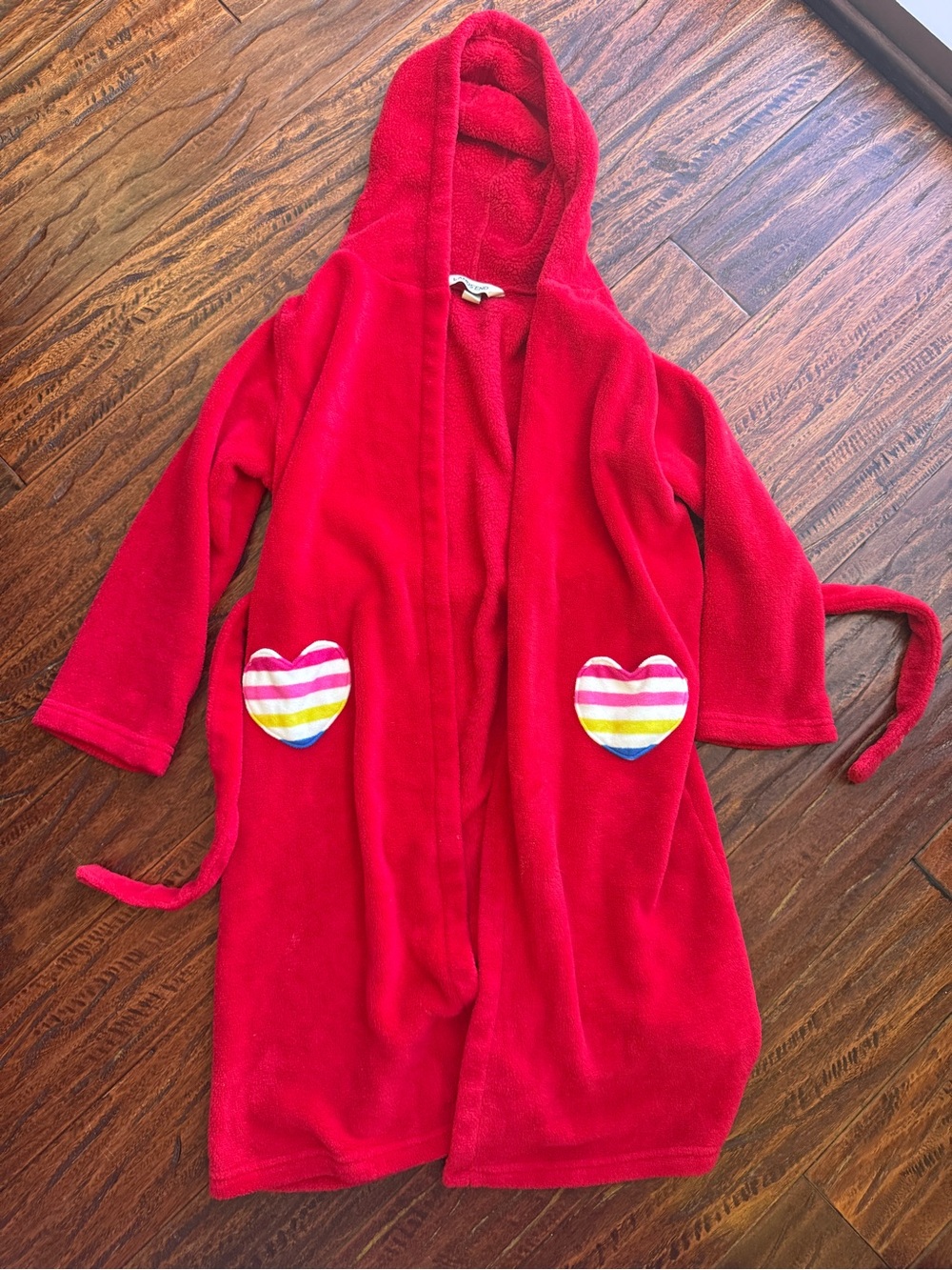 Lands' End Red Hooded Fleece Kids Robe with Striped Heart Pockets